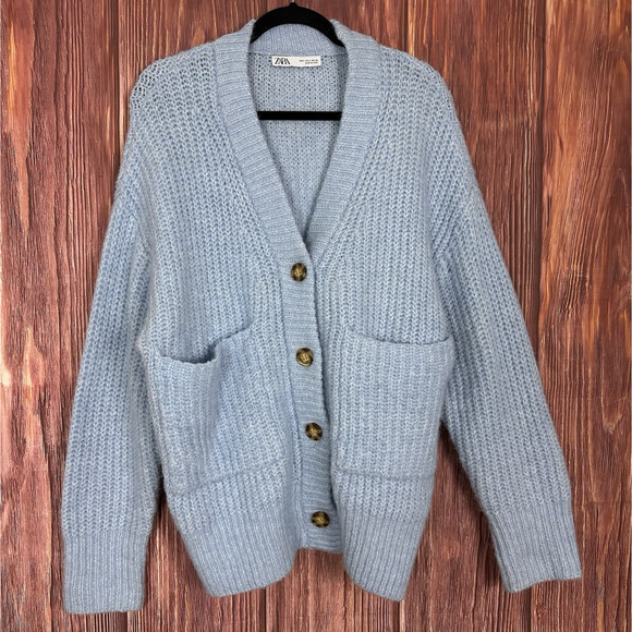 Zara Womens Chunky Knit Cardigan Light Blue Oversized Size Small S - Picture 1 of 5